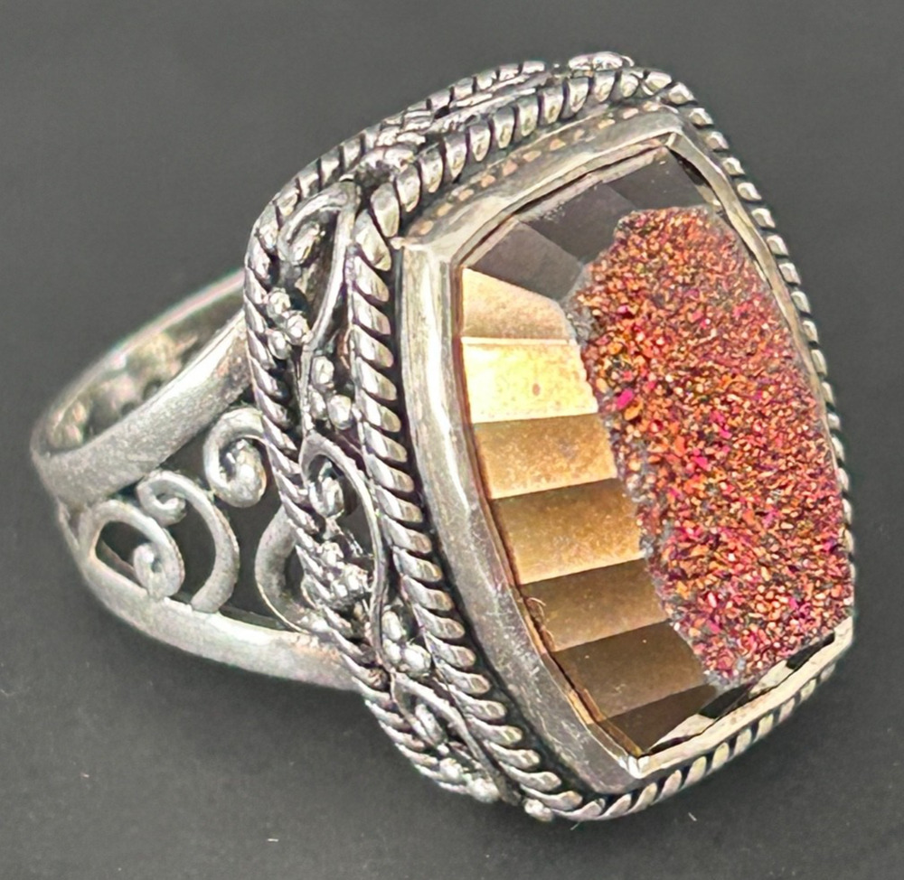 Vintage Sajen India 925 Sterling Silver Druzy Quartz Statement Ring, Size 7